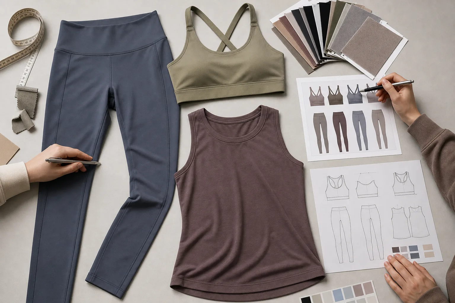 Yoga apparel sample development materials with garments, swatches, and measurement notes