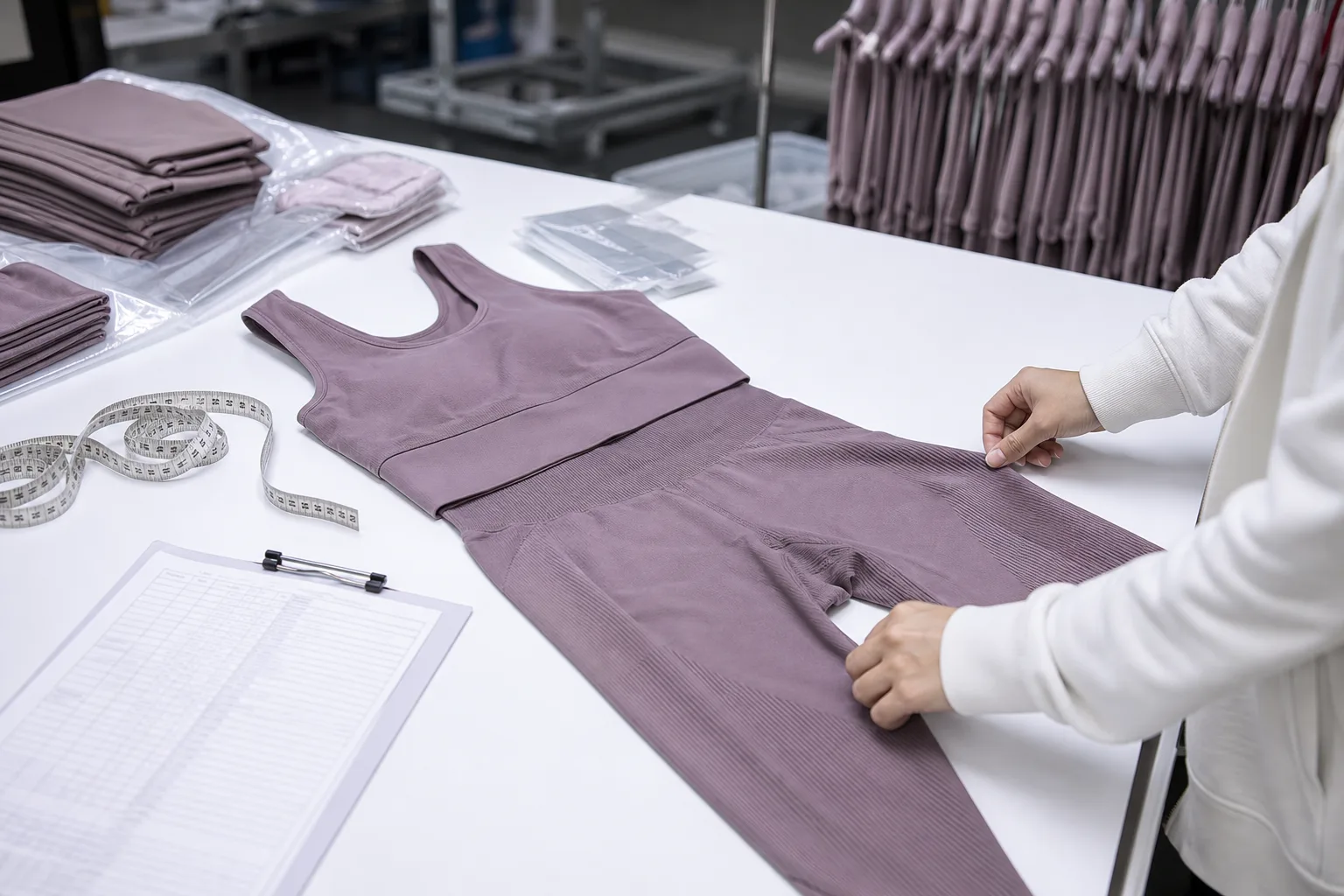 Seamless activewear garment under measurement and finishing inspection