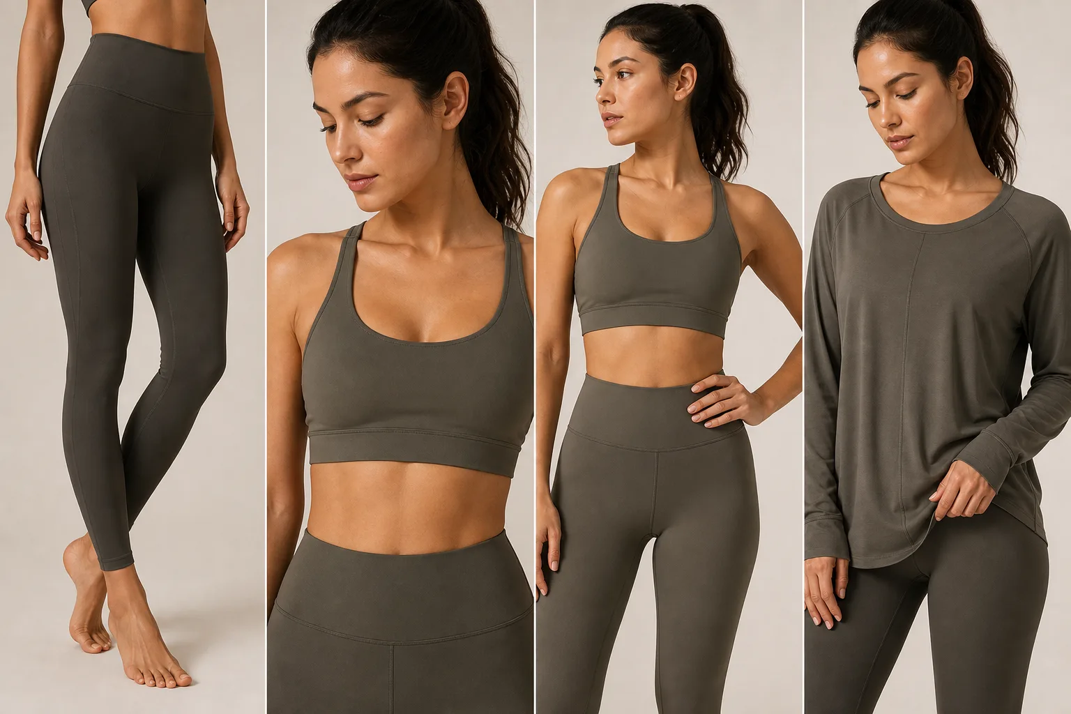 Seamless yoga apparel categories displayed in a clean studio arrangement