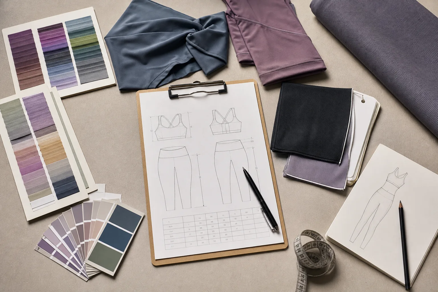 Seamless activewear planning materials with swatches and measurement notes