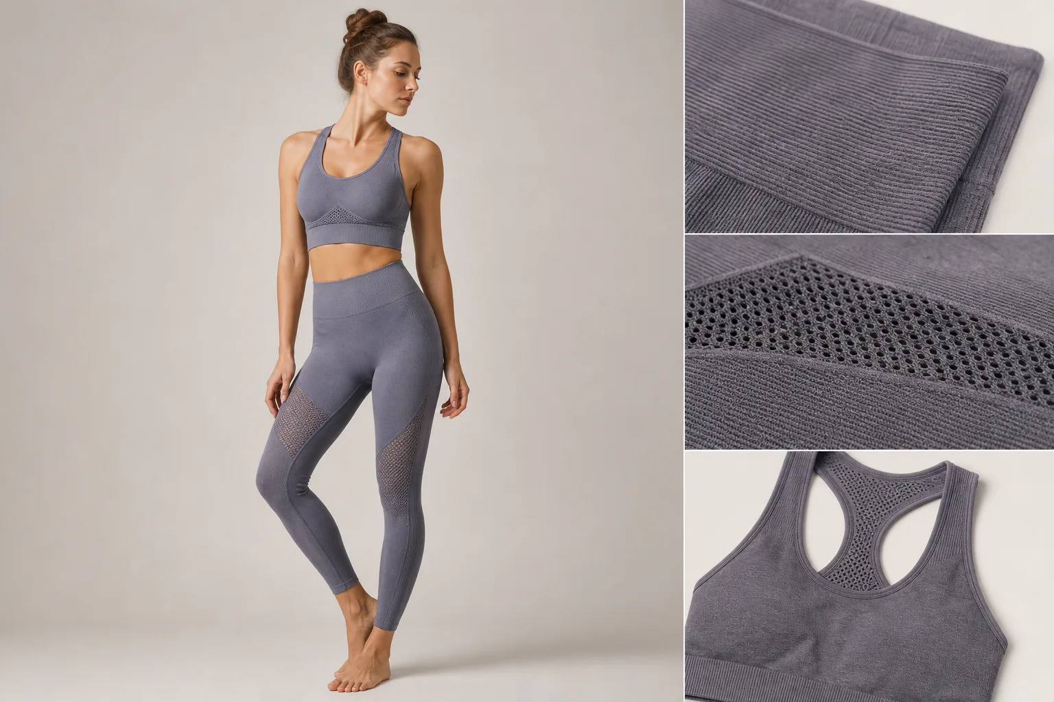 Seamless yoga wear set with visible knit texture and waistband details