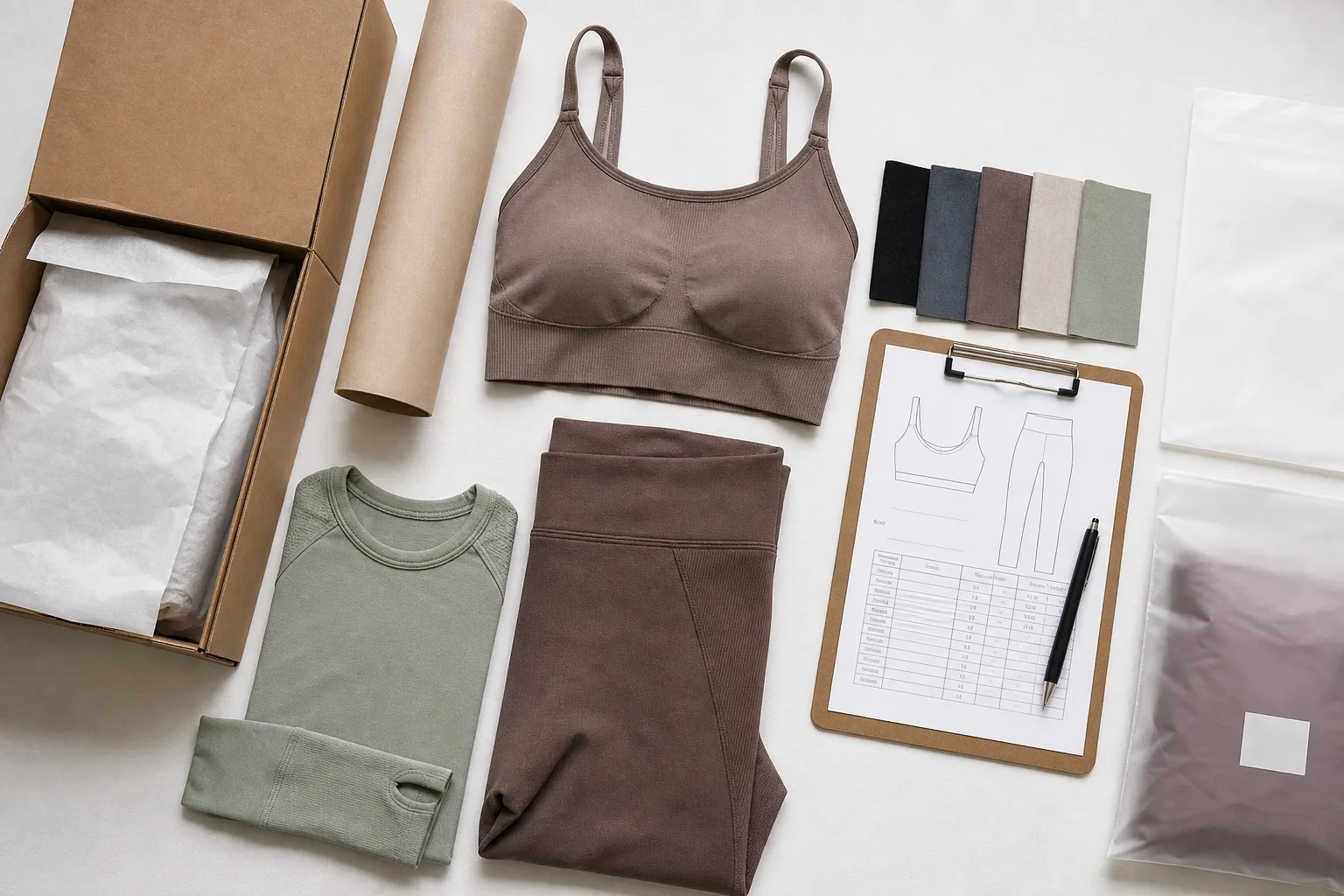 Quality review layout for seamless yoga wear packaging and measurements