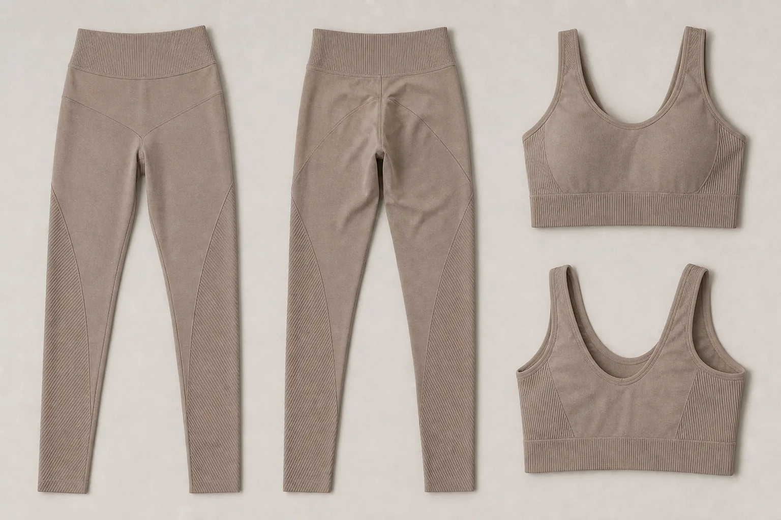 Seamless yoga wear set showing smooth knit texture and clean construction