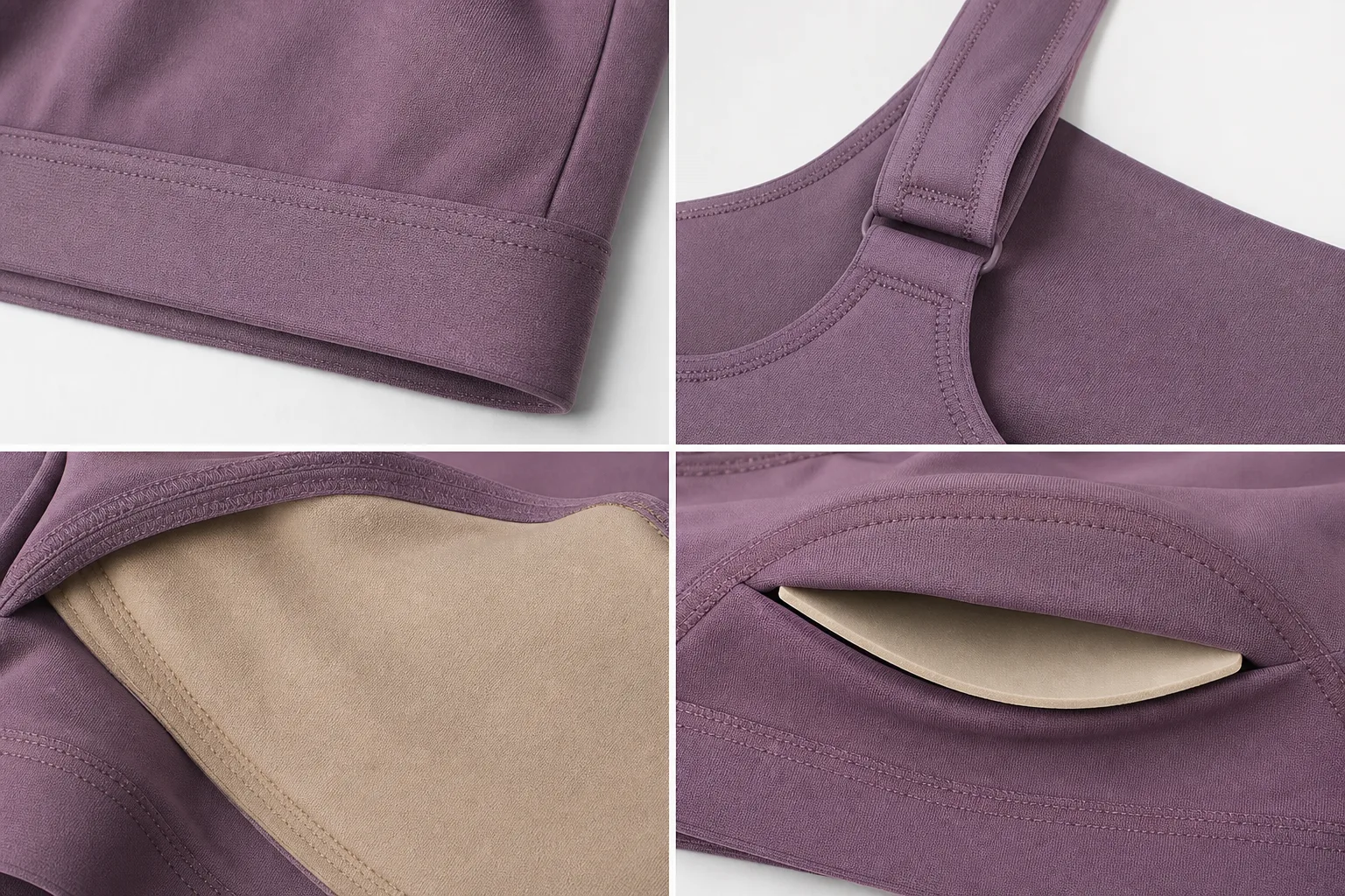 Sports bra construction details with straps, underband, and lining