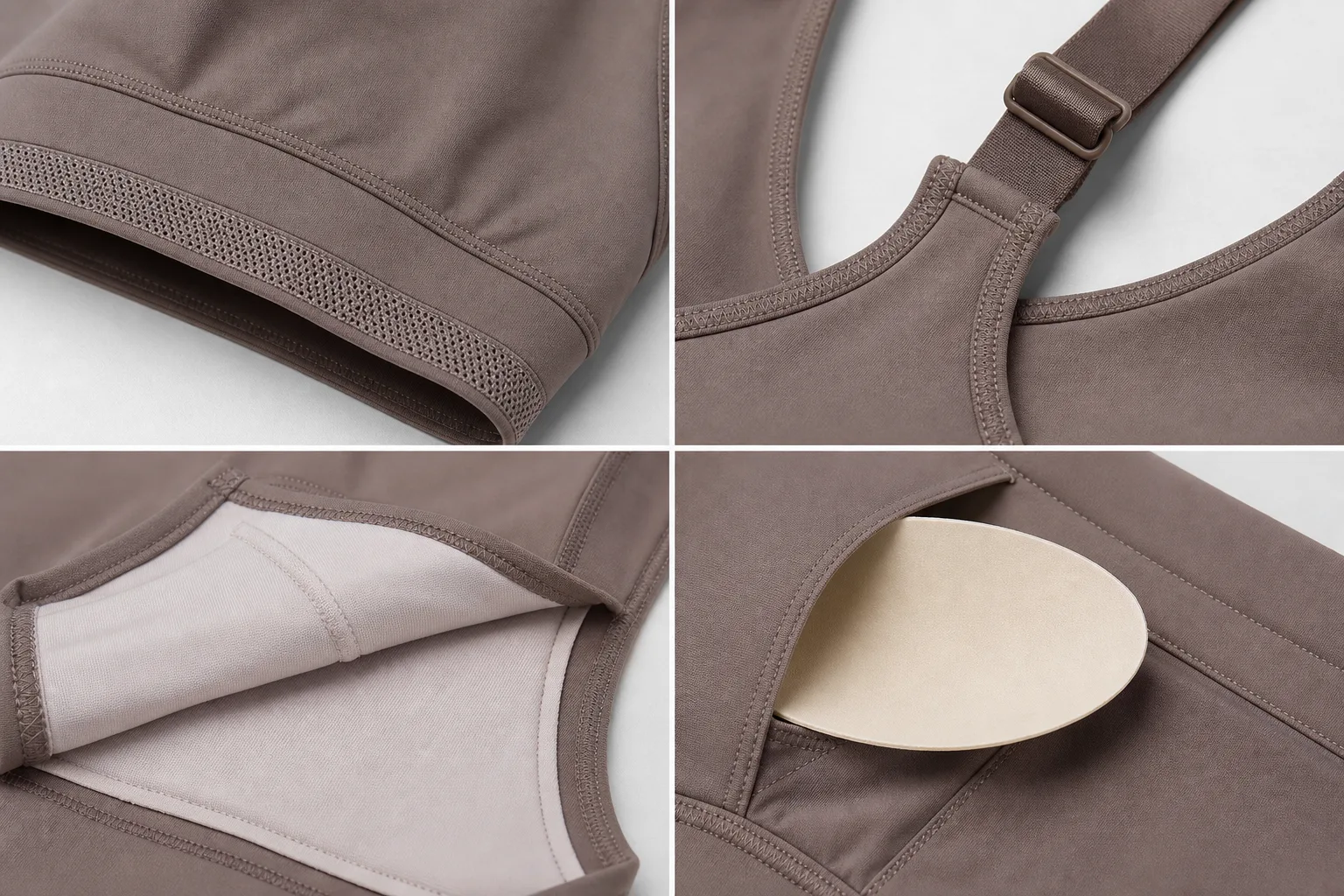 Sports bra construction details with straps, underband, and lining