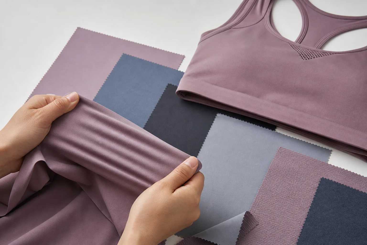 Performance fabric swatches beside a sports bra sample