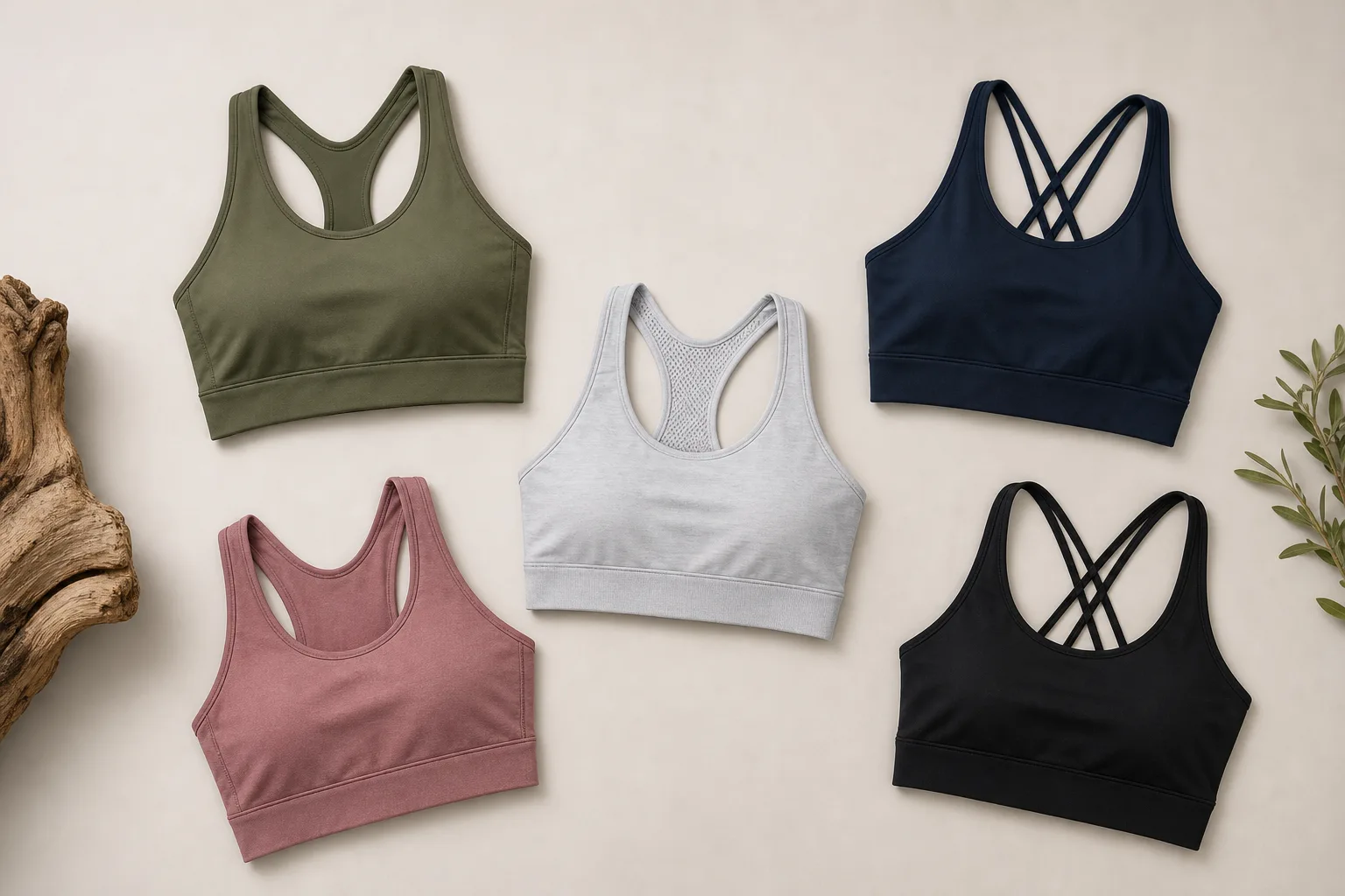 Custom sports bras arranged in a clean studio flat lay