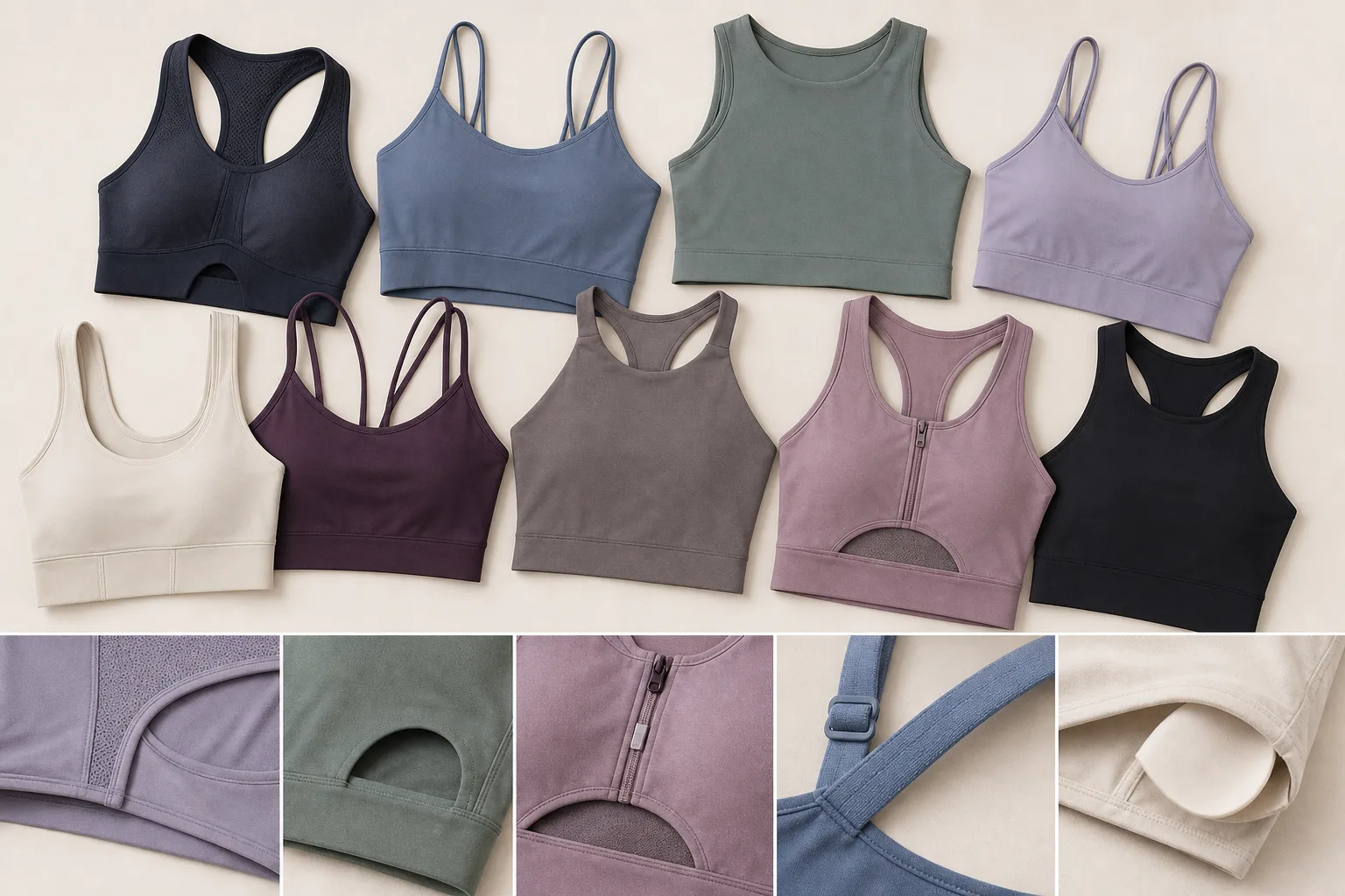Sports bras and active tops for yoga apparel manufacturing buyers