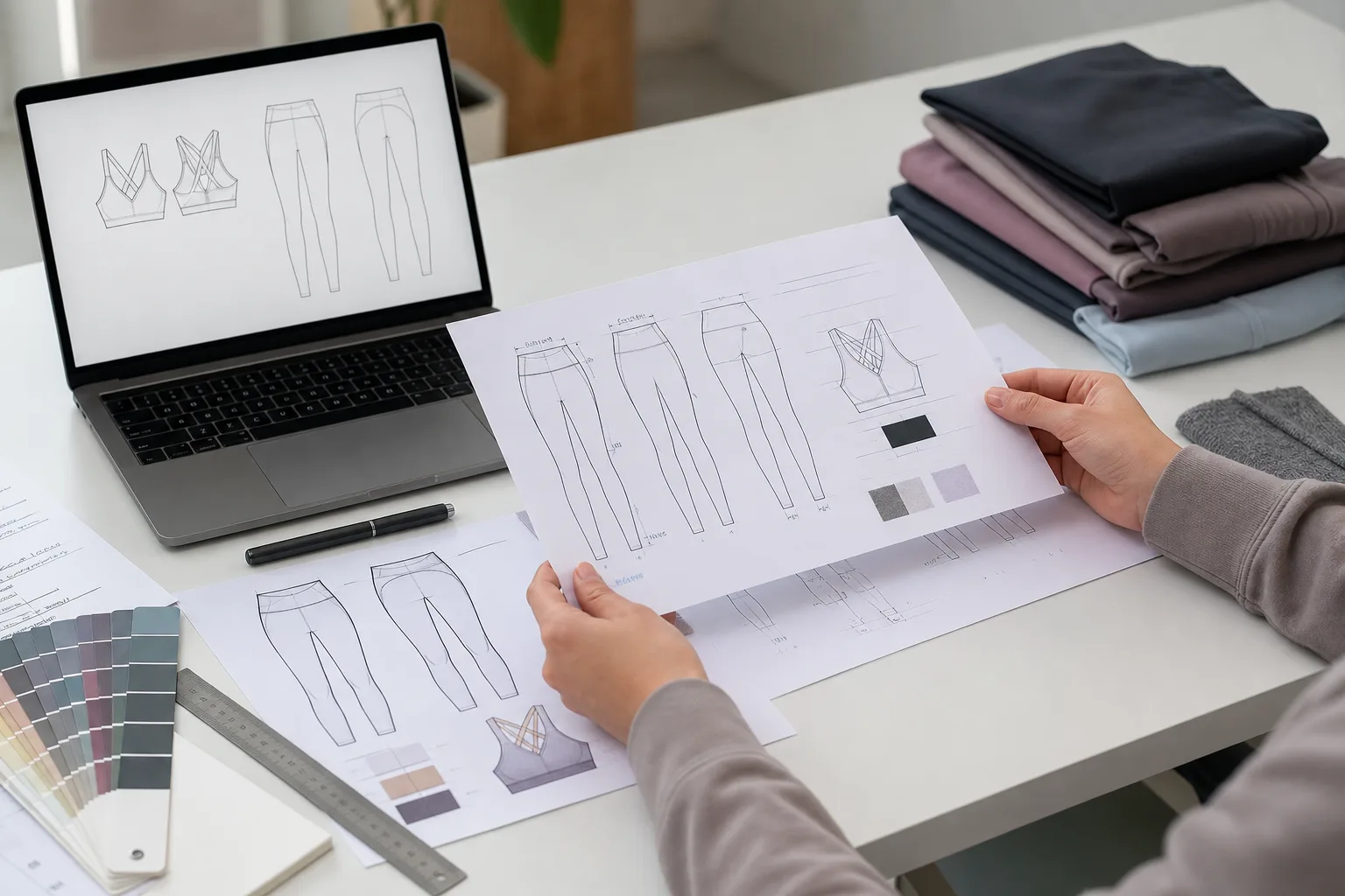 Yoga apparel tech pack review with sketches, measurements, and fabric references
