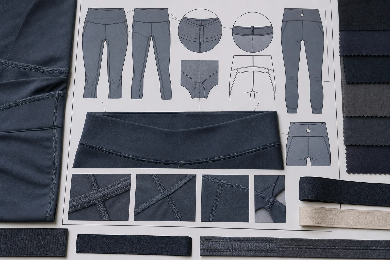 Construction details for yoga leggings including waistband, gusset, and seam placement