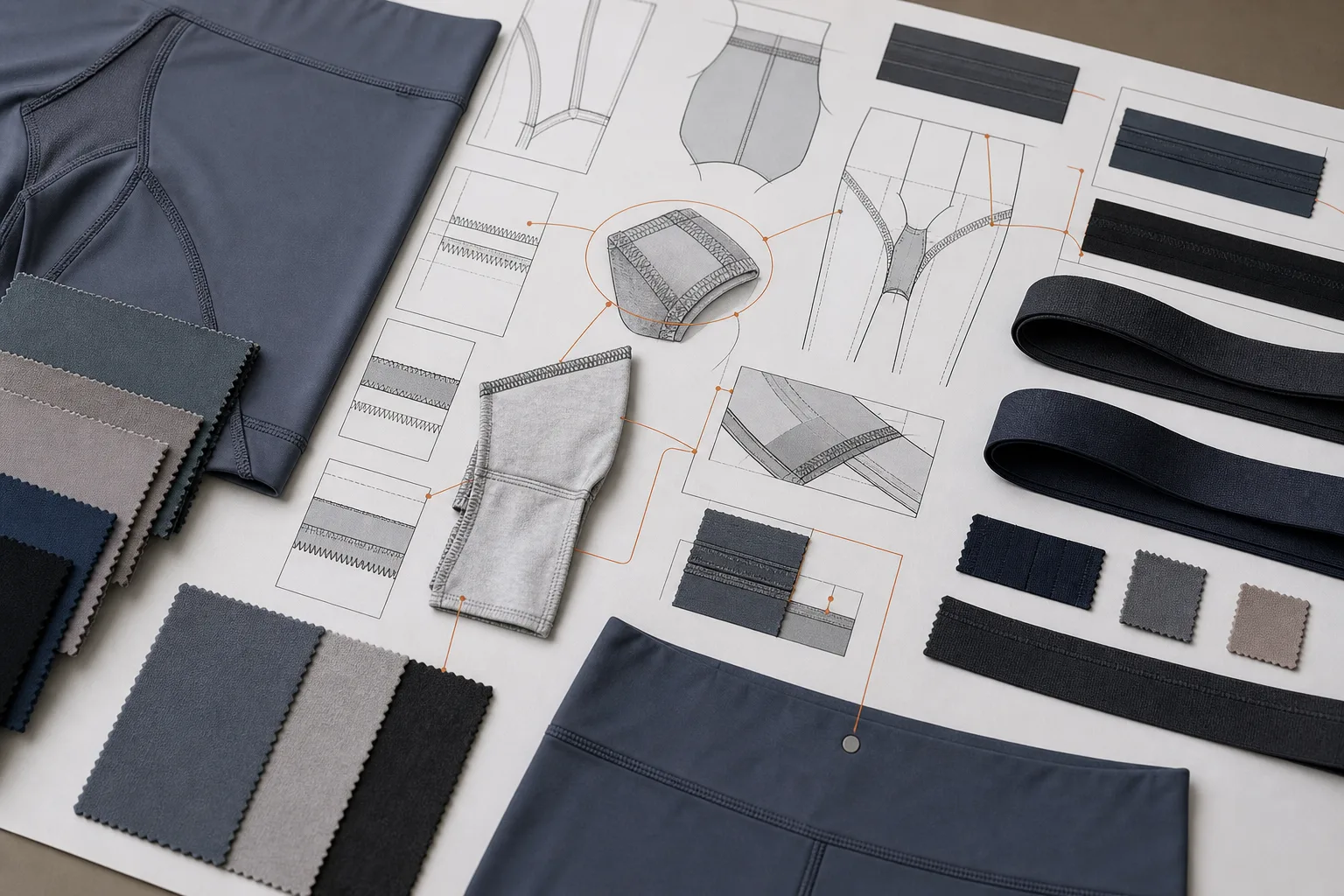 Construction details for yoga leggings including waistband, gusset, and seam placement