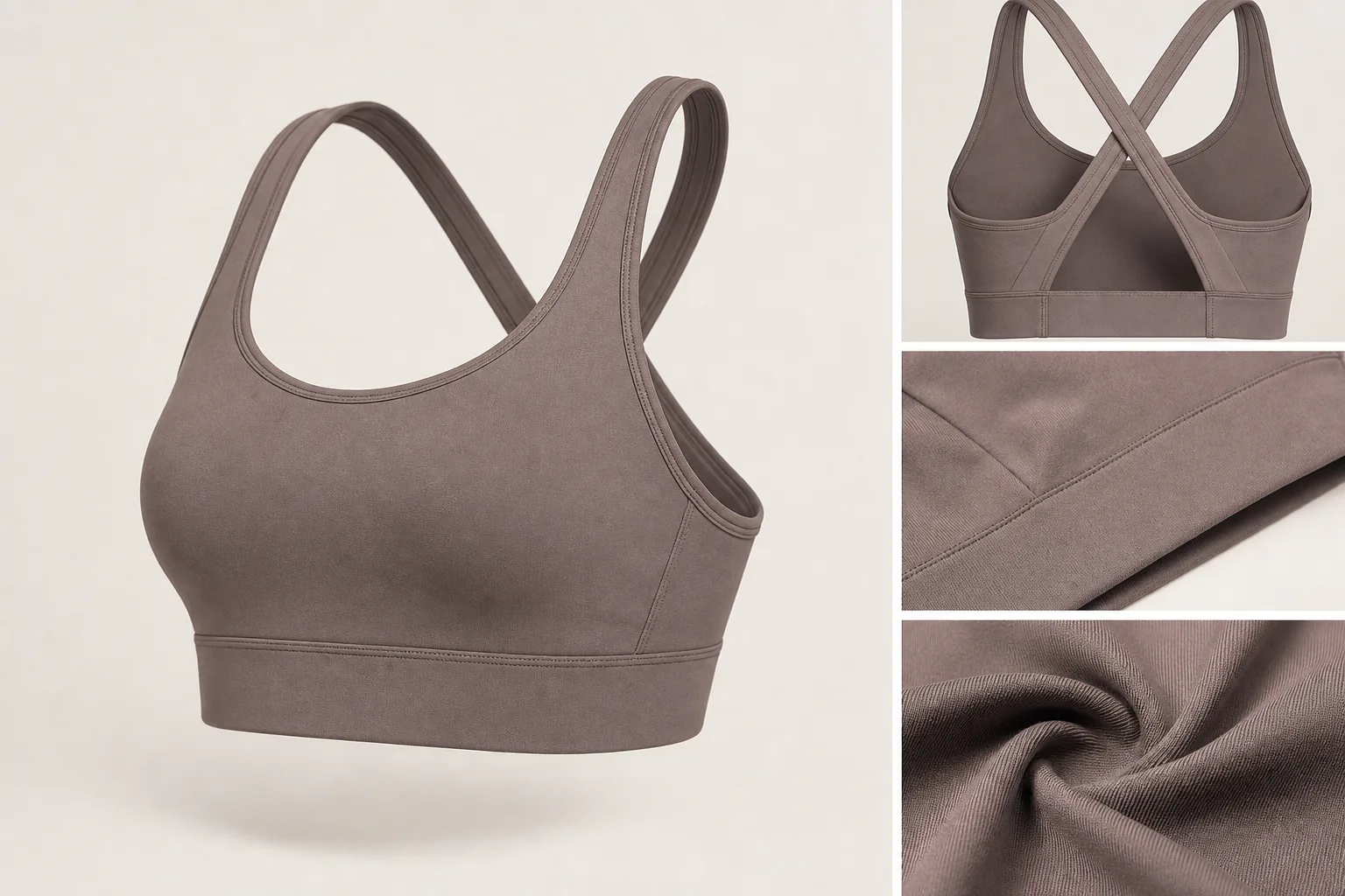 Non-branded women’s yoga bra shown in a clean product display