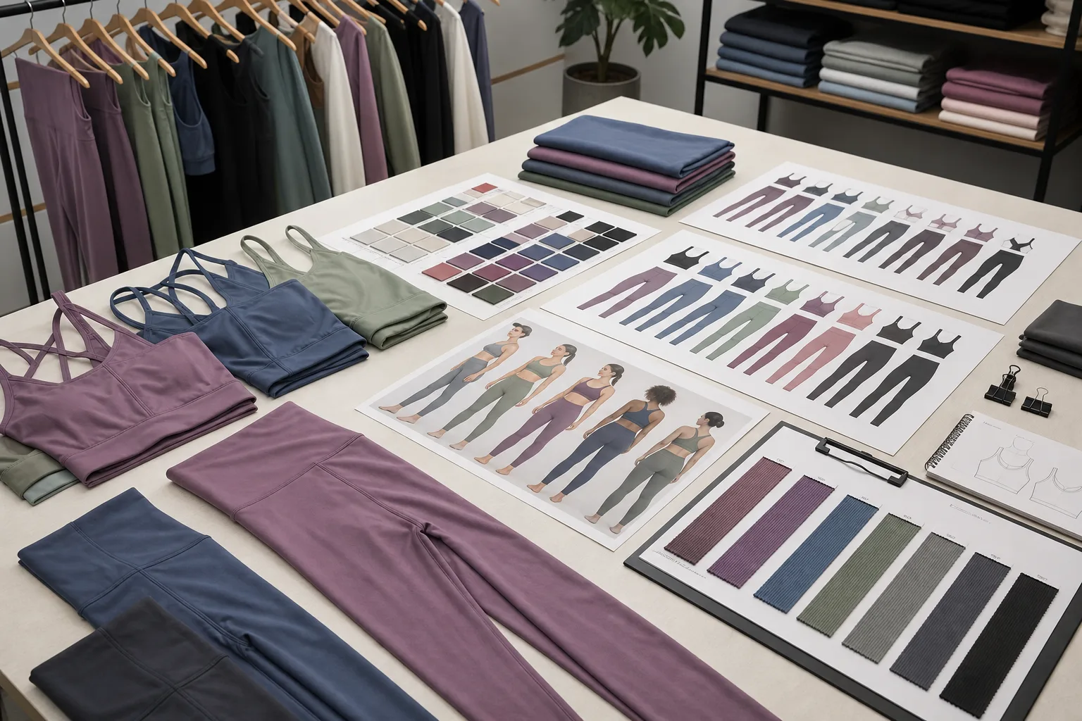 Assorted women’s yoga apparel planning materials on a tidy worktable