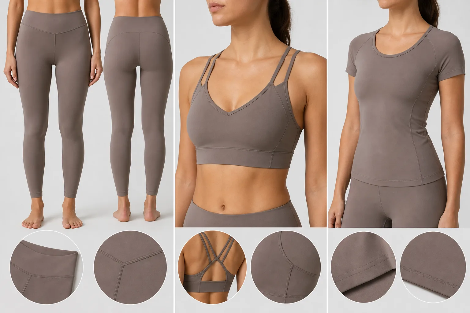 Women’s yoga leggings, bra, and top showing construction details