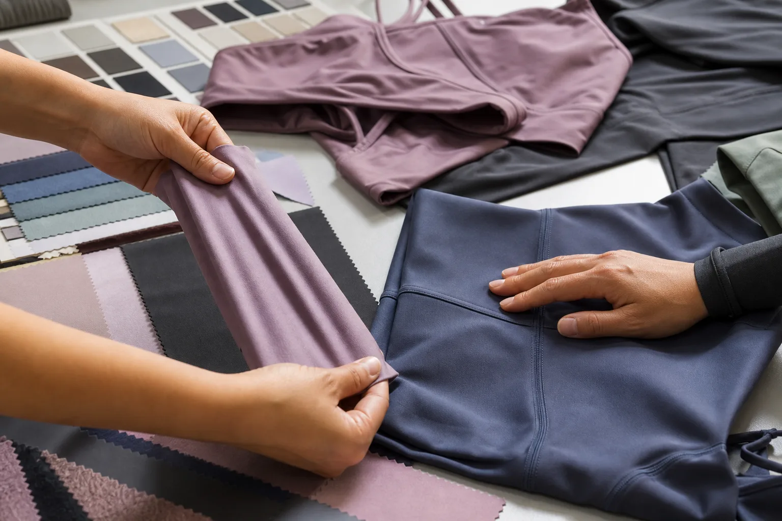Fabric swatches and garment materials for women’s yoga apparel development