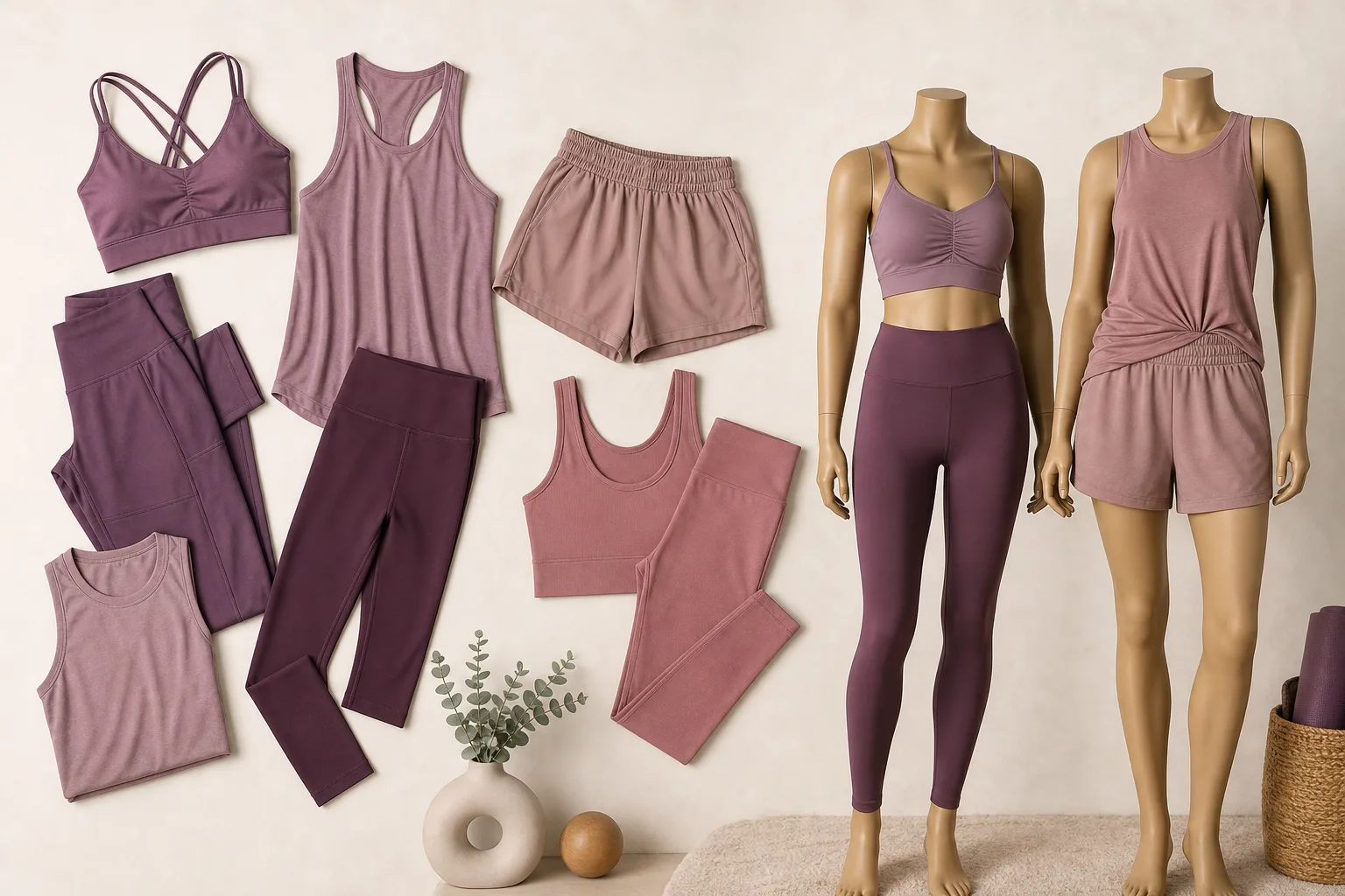 Women’s yoga apparel collection with leggings, bras, tops, shorts, and matching sets
