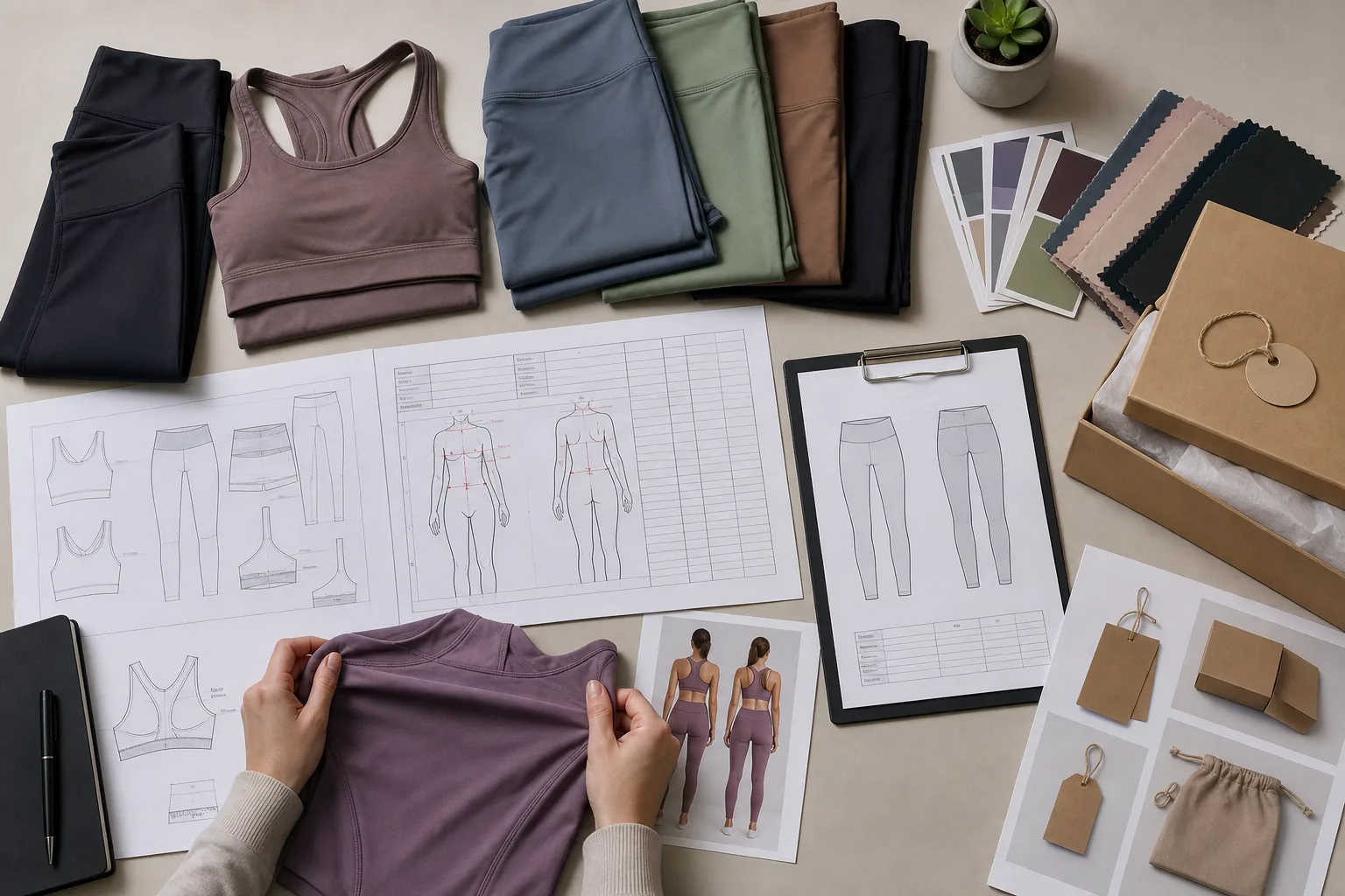 Product development materials for women’s yoga apparel quotation and sample review