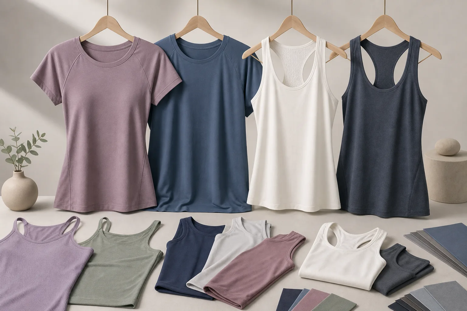 Non-branded women’s yoga tops and tank tops in a clean product display