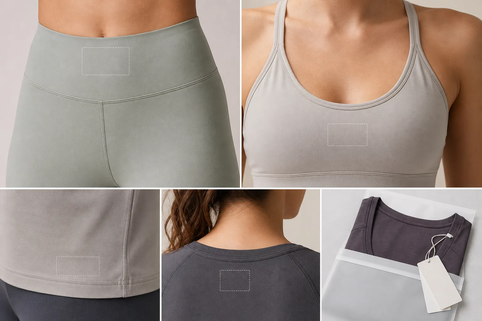 Close-up logo placement zones on custom yoga apparel garments