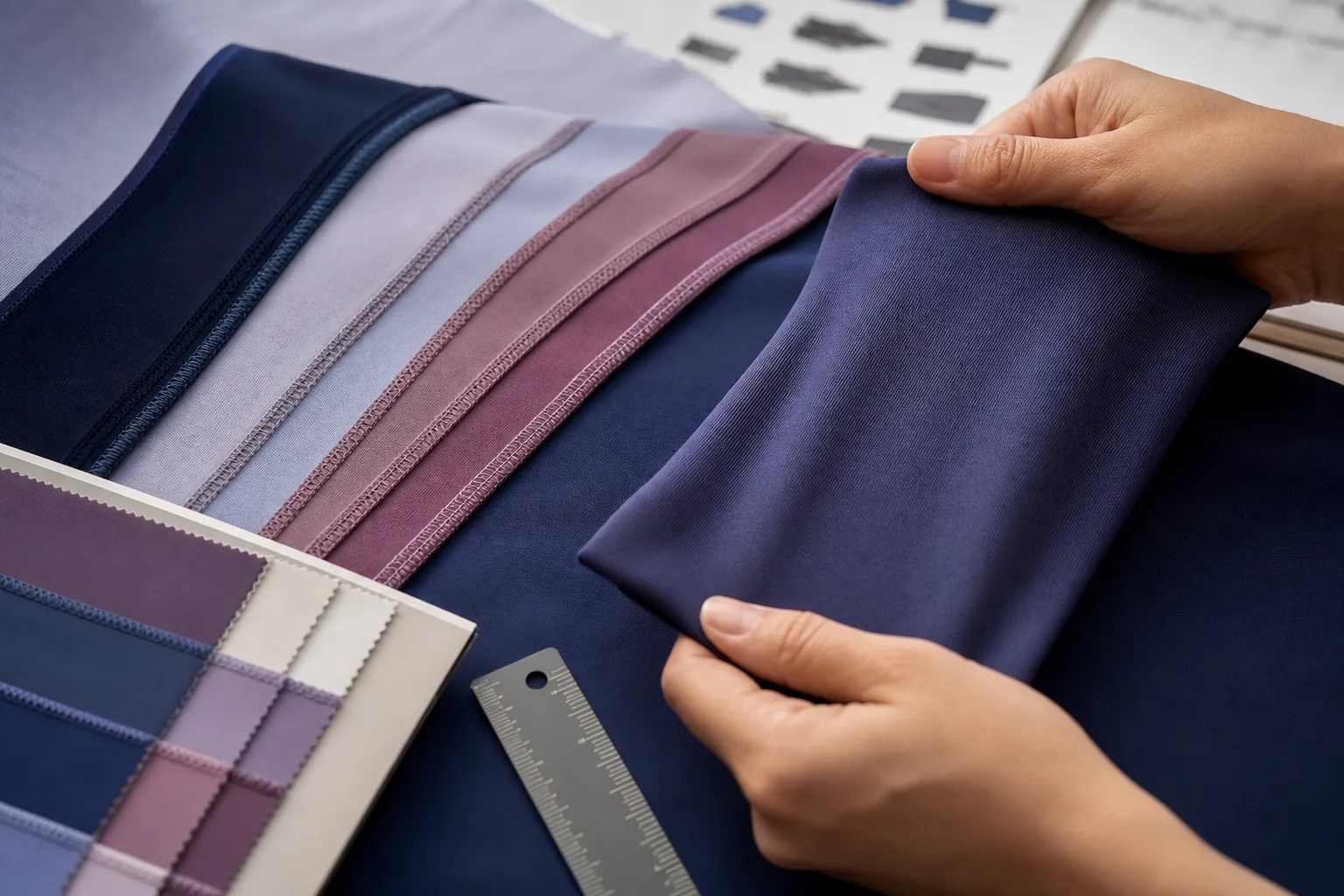 Fabric swatches and seam samples used for yoga apparel quality review