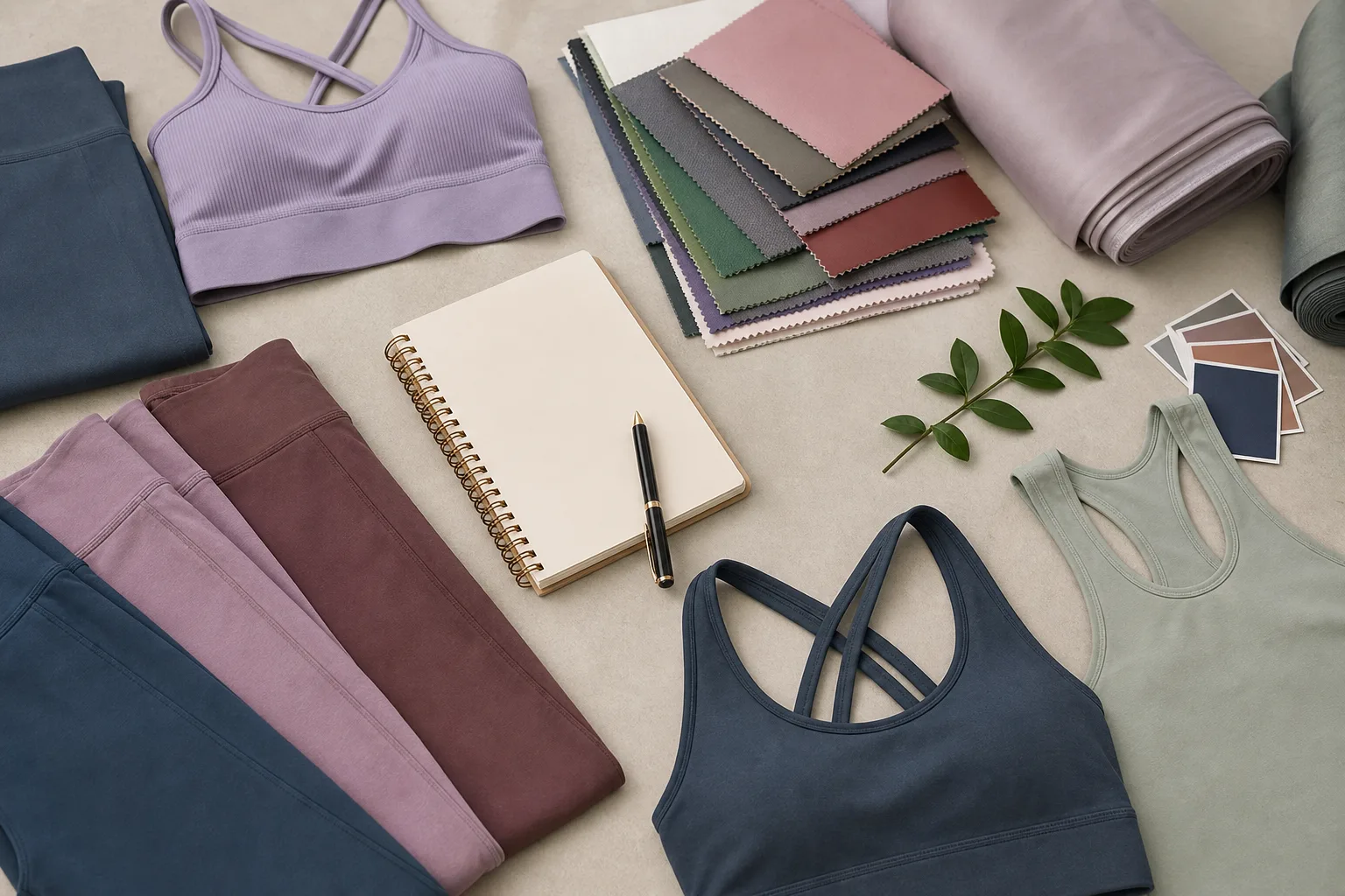 Yoga apparel brand collection planning with leggings, bras, tops, and swatches