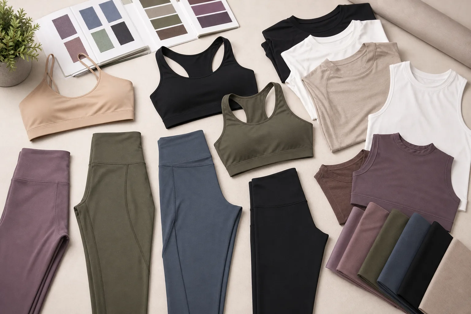 Coordinated yoga apparel pieces and color swatches arranged for collection planning