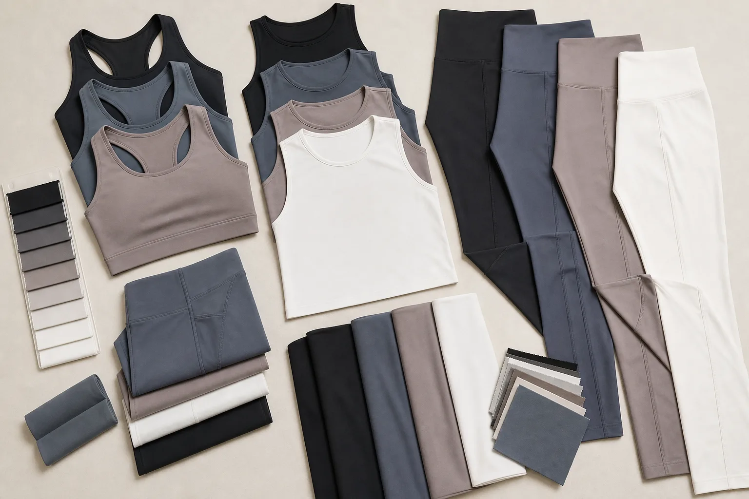 Coordinated yoga apparel pieces and color swatches arranged for collection planning