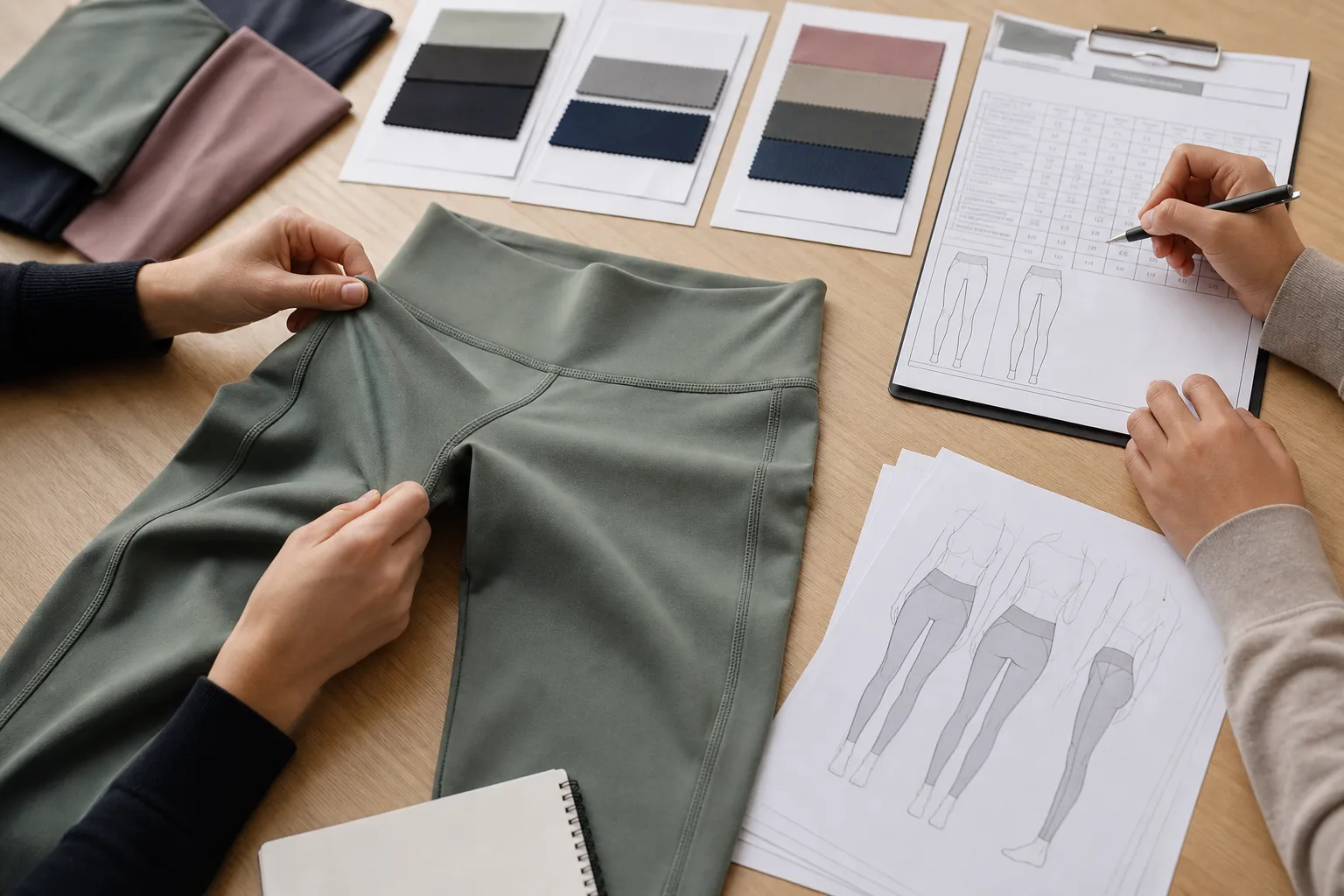 Fabric swatches and sample garment under review in an apparel workspace
