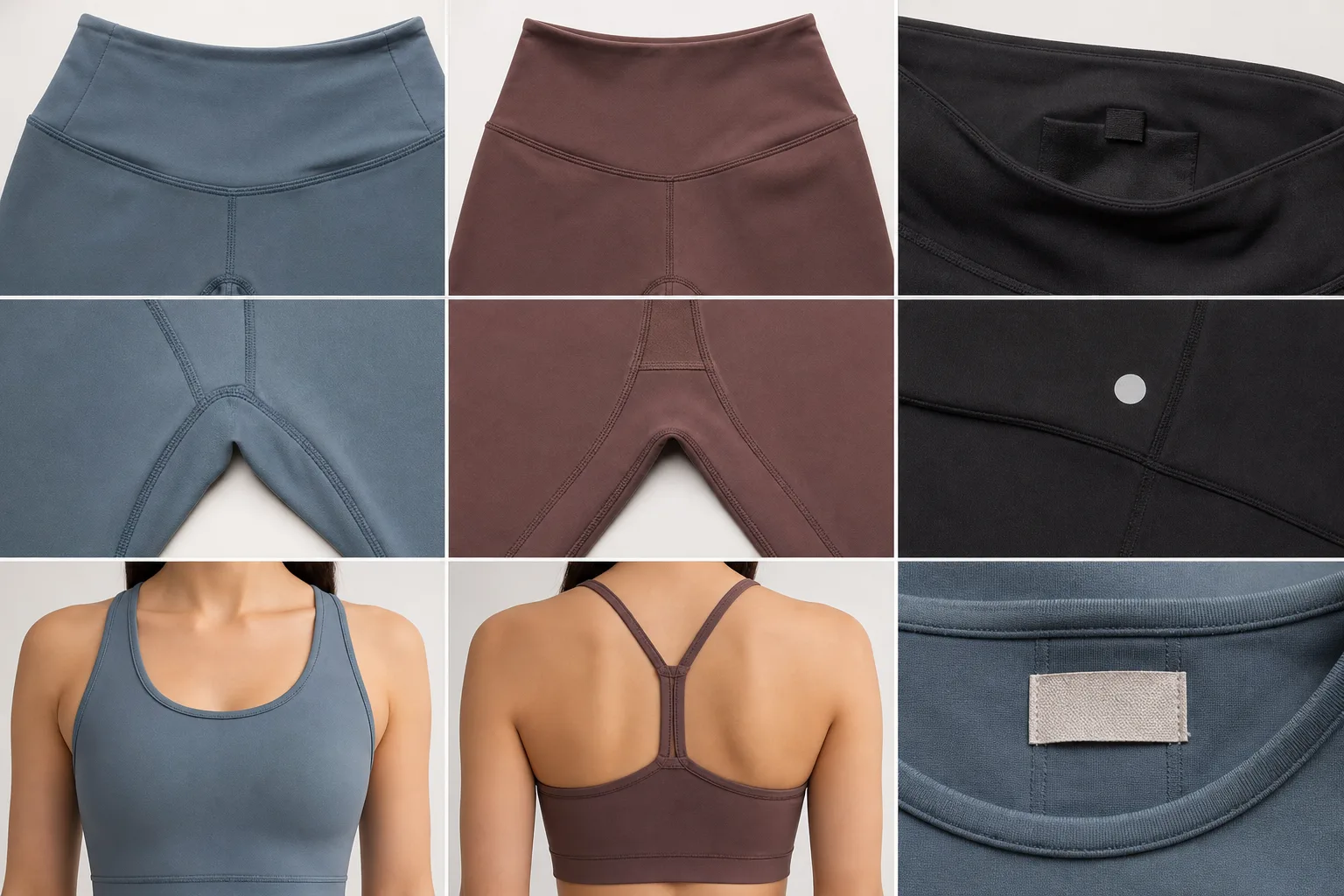 Close-up comparison of yoga apparel construction details for inspection review
