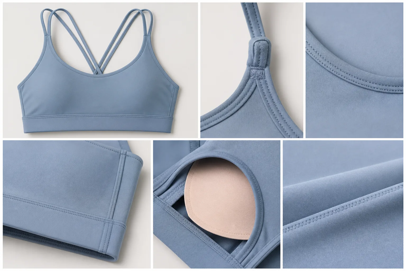 Close-up construction details of yoga bra straps, seams, and underband