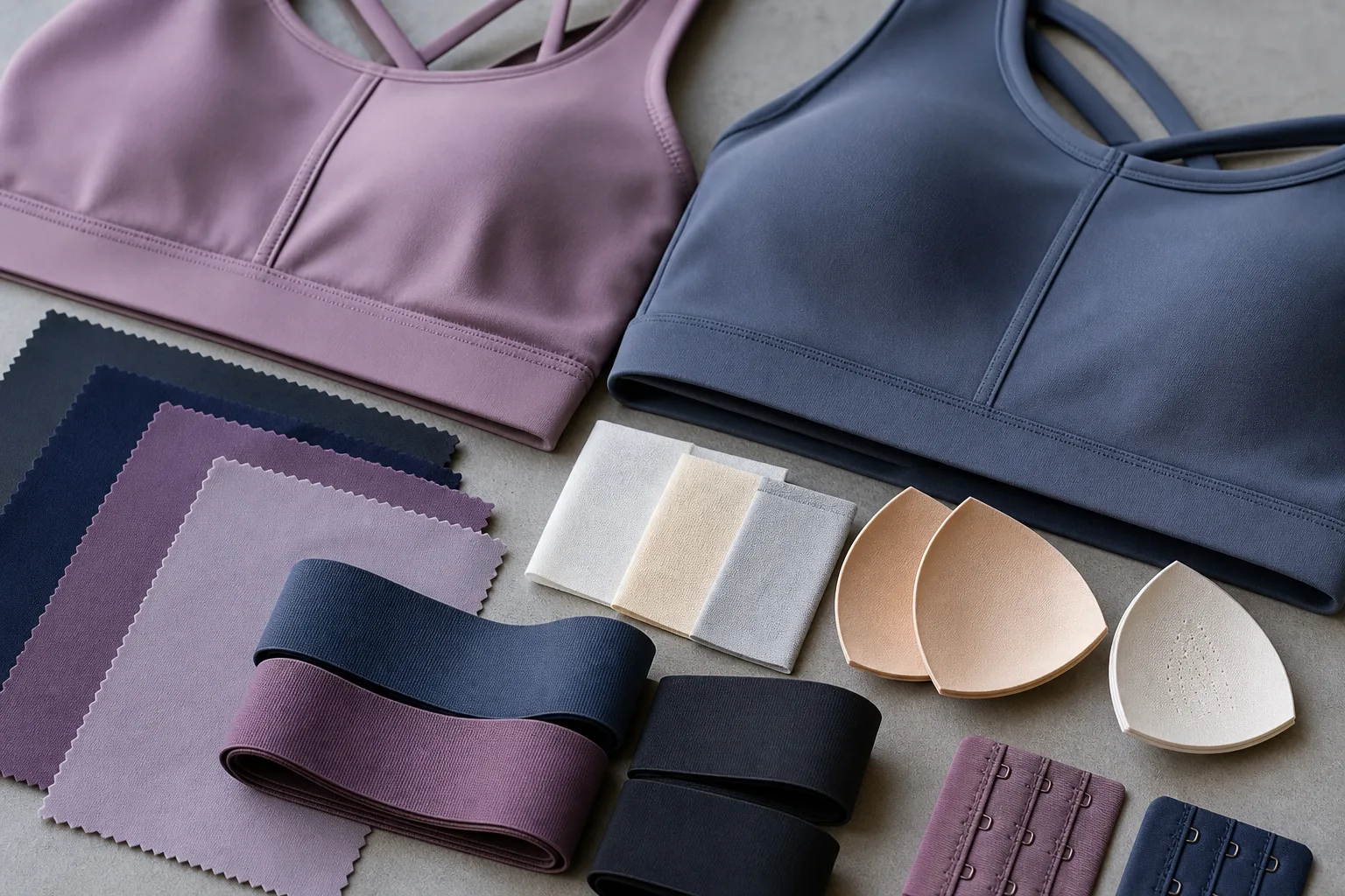 Yoga bra fabrics, lining layers, and underband materials arranged for comparison