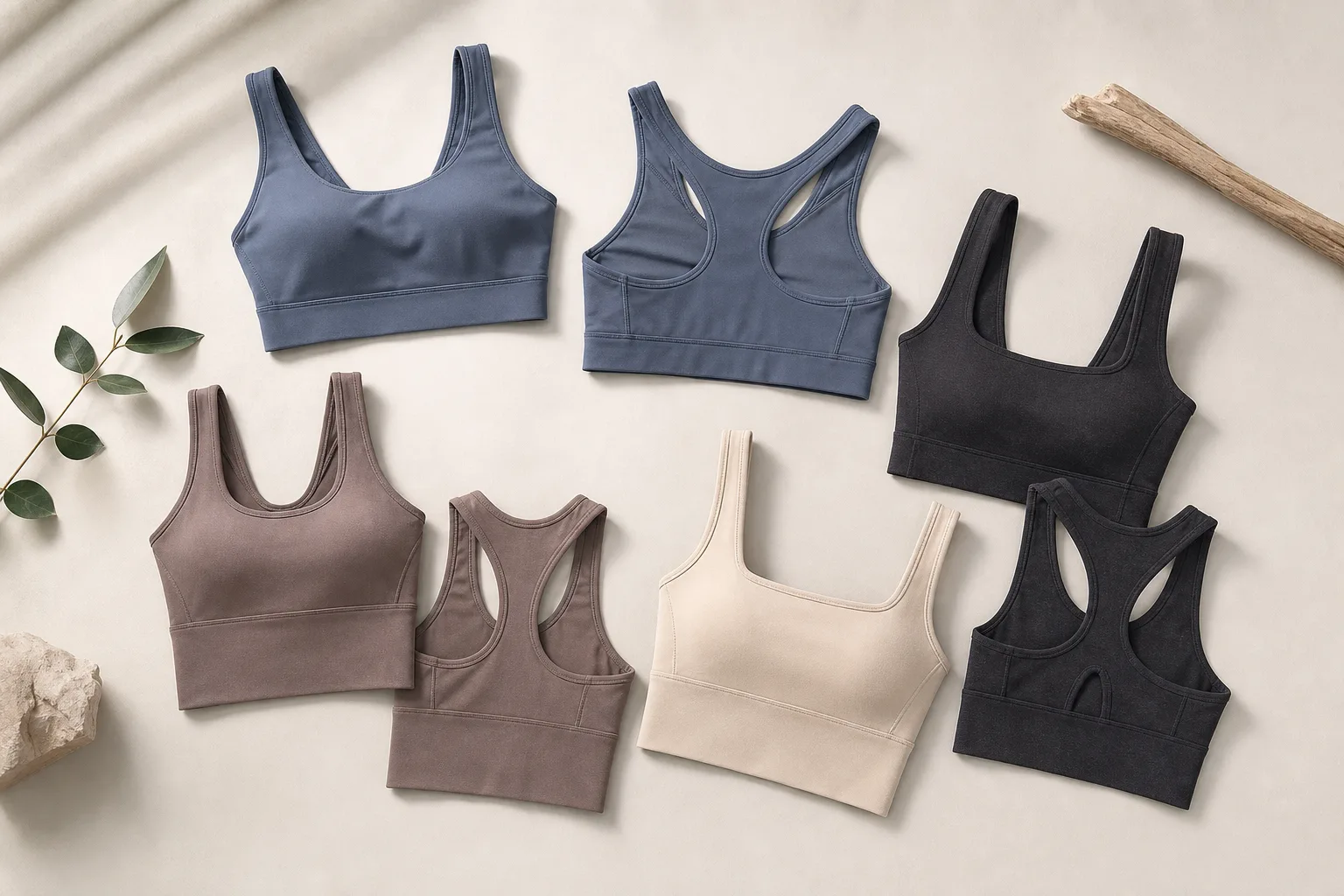 Flat lay of several yoga bra styles on a neutral studio background