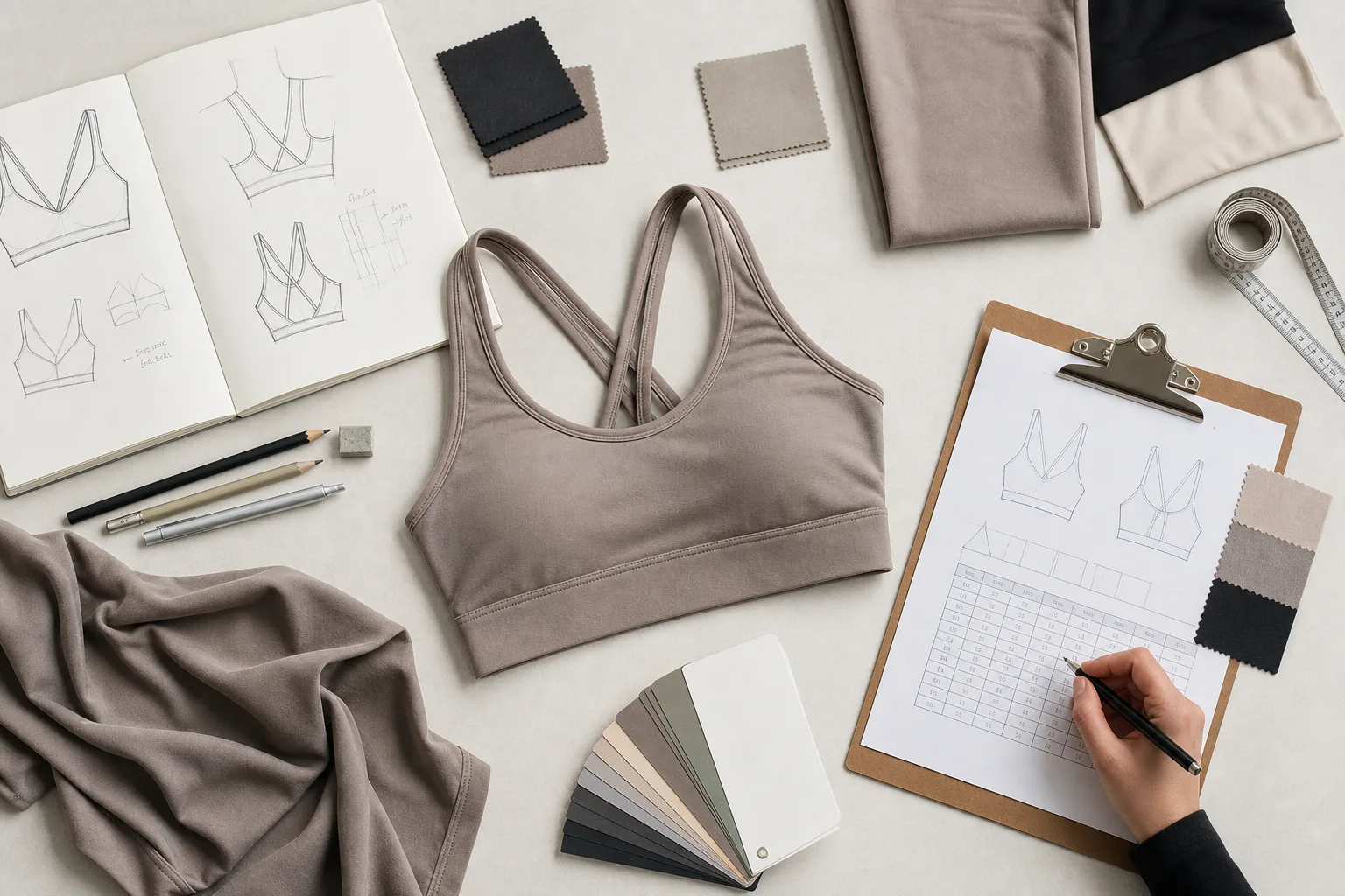 Yoga bra sample review workspace with measurements, swatches, and notes