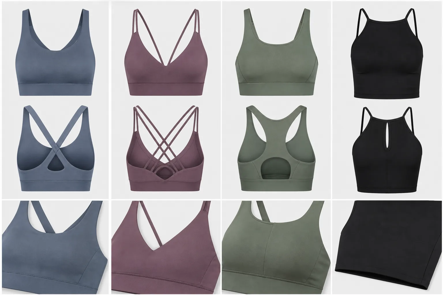 Yoga bras displayed with different neckline and strap silhouettes