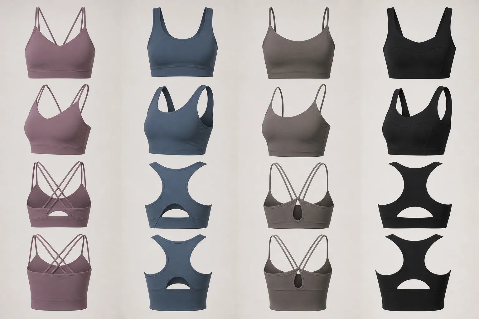 Yoga bras displayed with different neckline and strap silhouettes