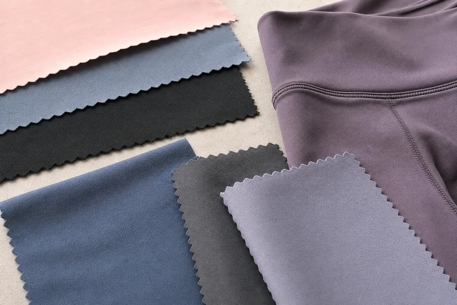 Soft stretch fabric swatches for yoga pants on a neutral table
