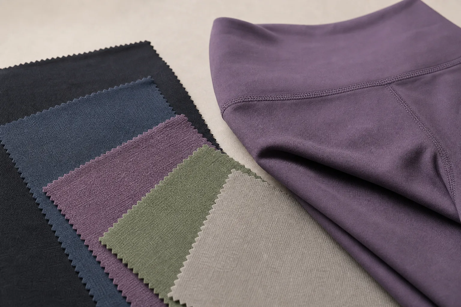 Soft stretch fabric swatches for yoga pants on a neutral table