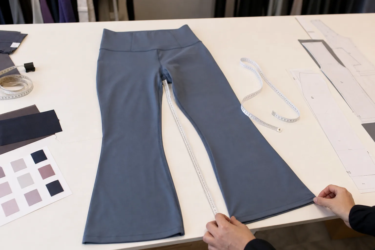 Technical yoga pants sample review with waistband and inseam details