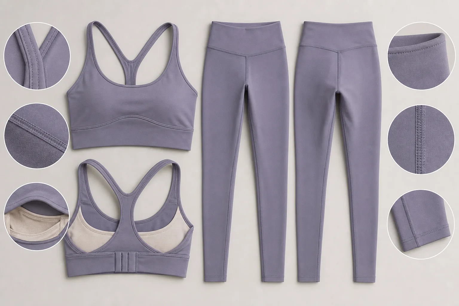 Yoga set construction details including waistband, seams, and bra underband