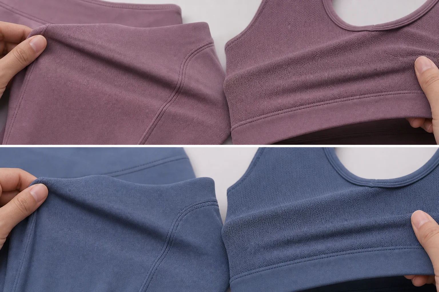 Close-up of yoga set fabric textures showing stretch and color consistency