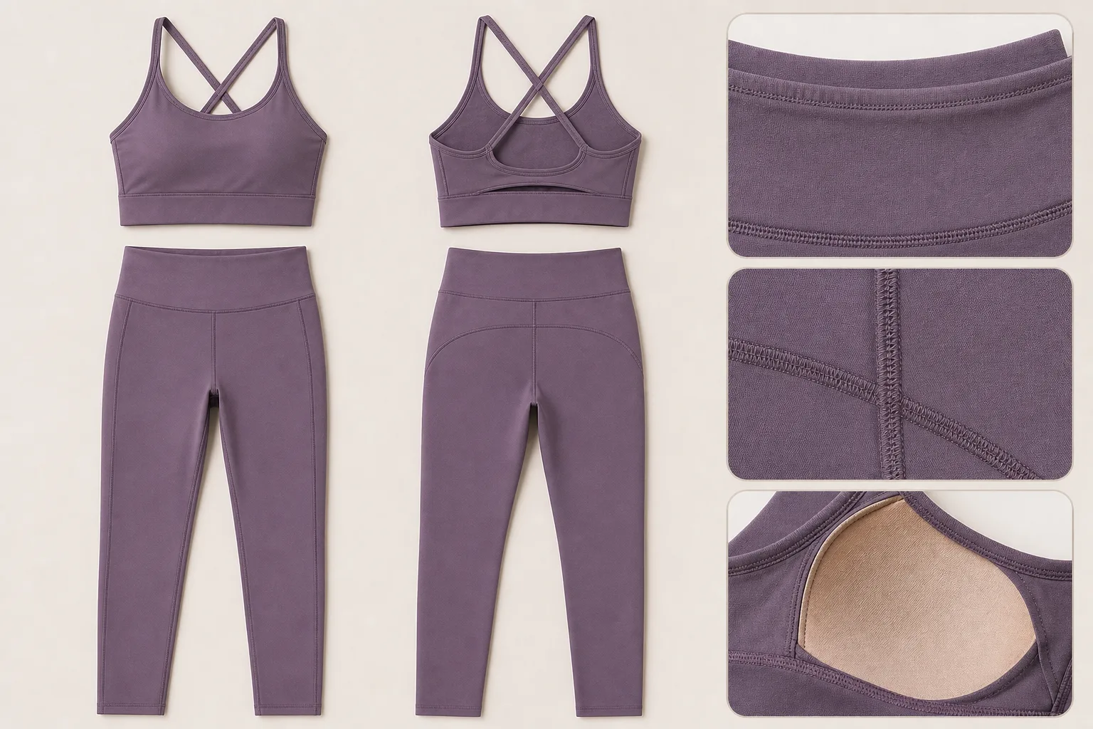 Yoga bra and leggings laid out with waistband and seam details