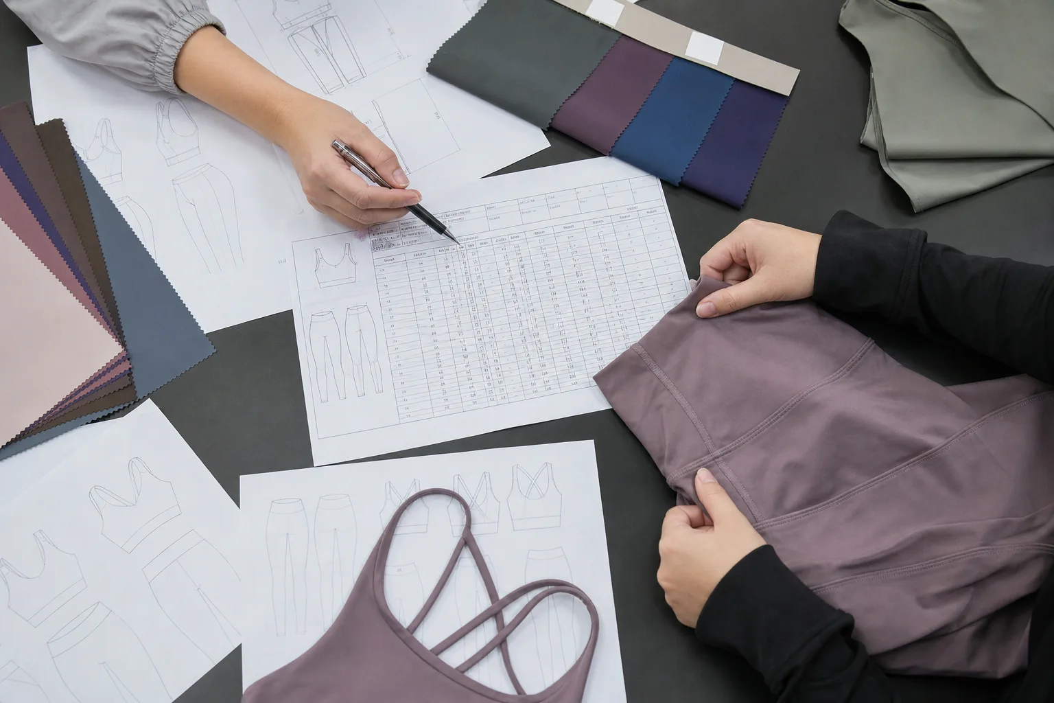 Yoga set sample review with measurement chart, swatches, and product references