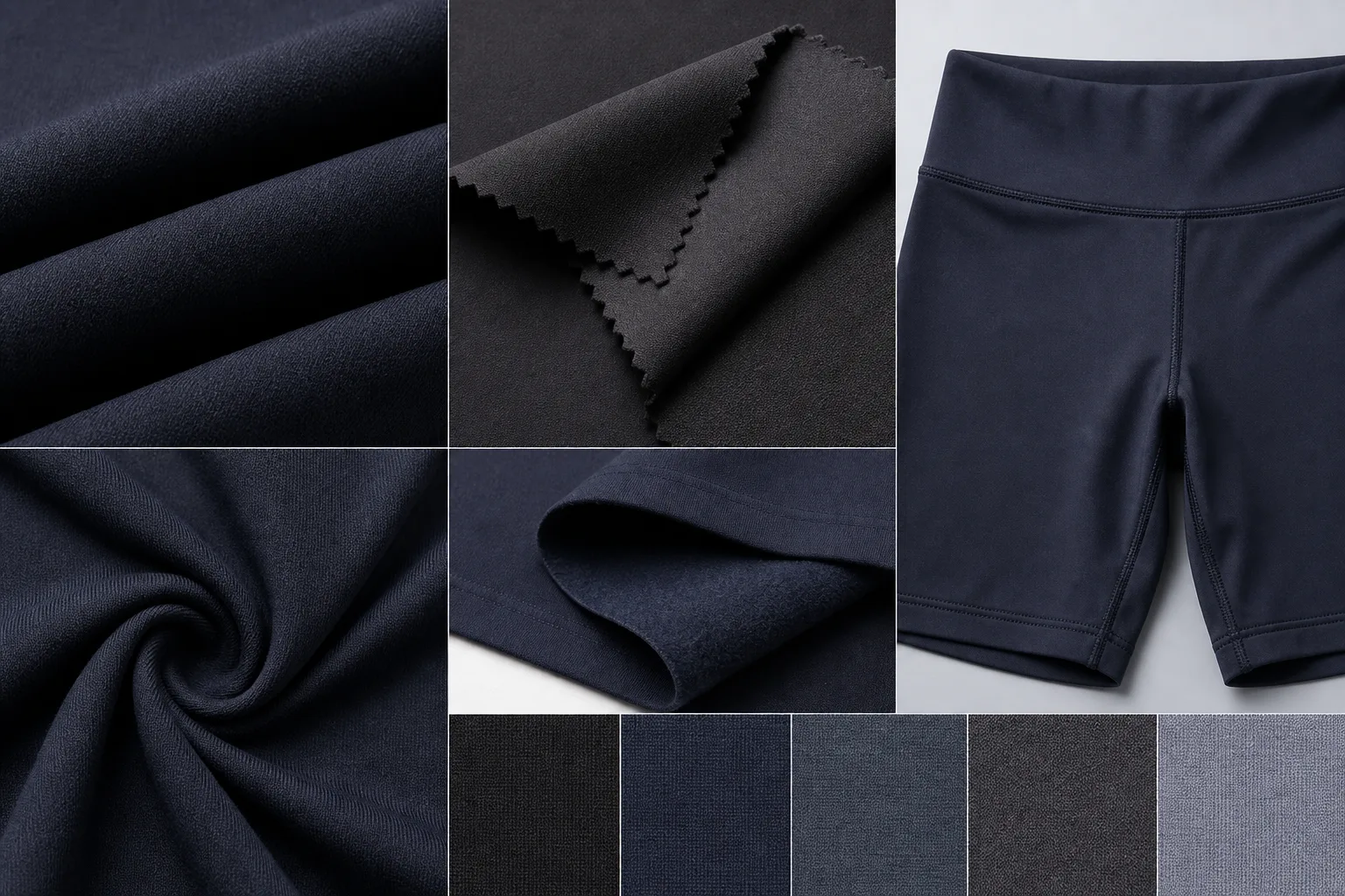 Fabric swatches and knit textures for yoga shorts development