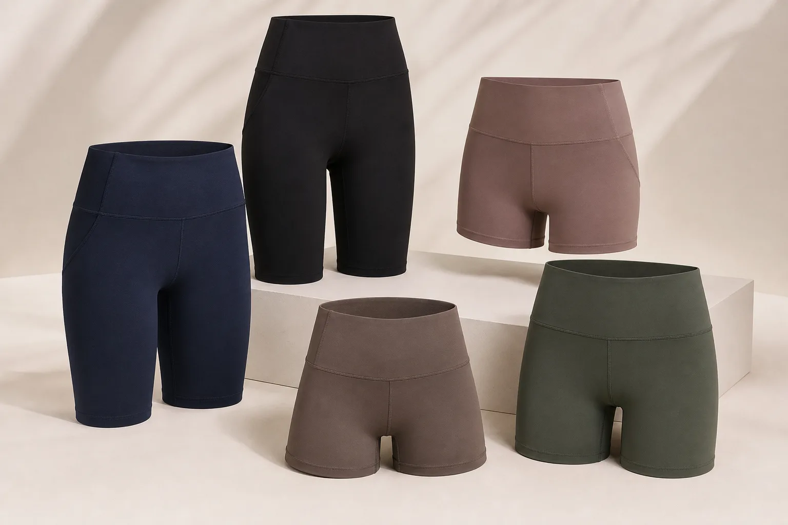 Non-branded yoga shorts displayed in multiple fits and inseam lengths