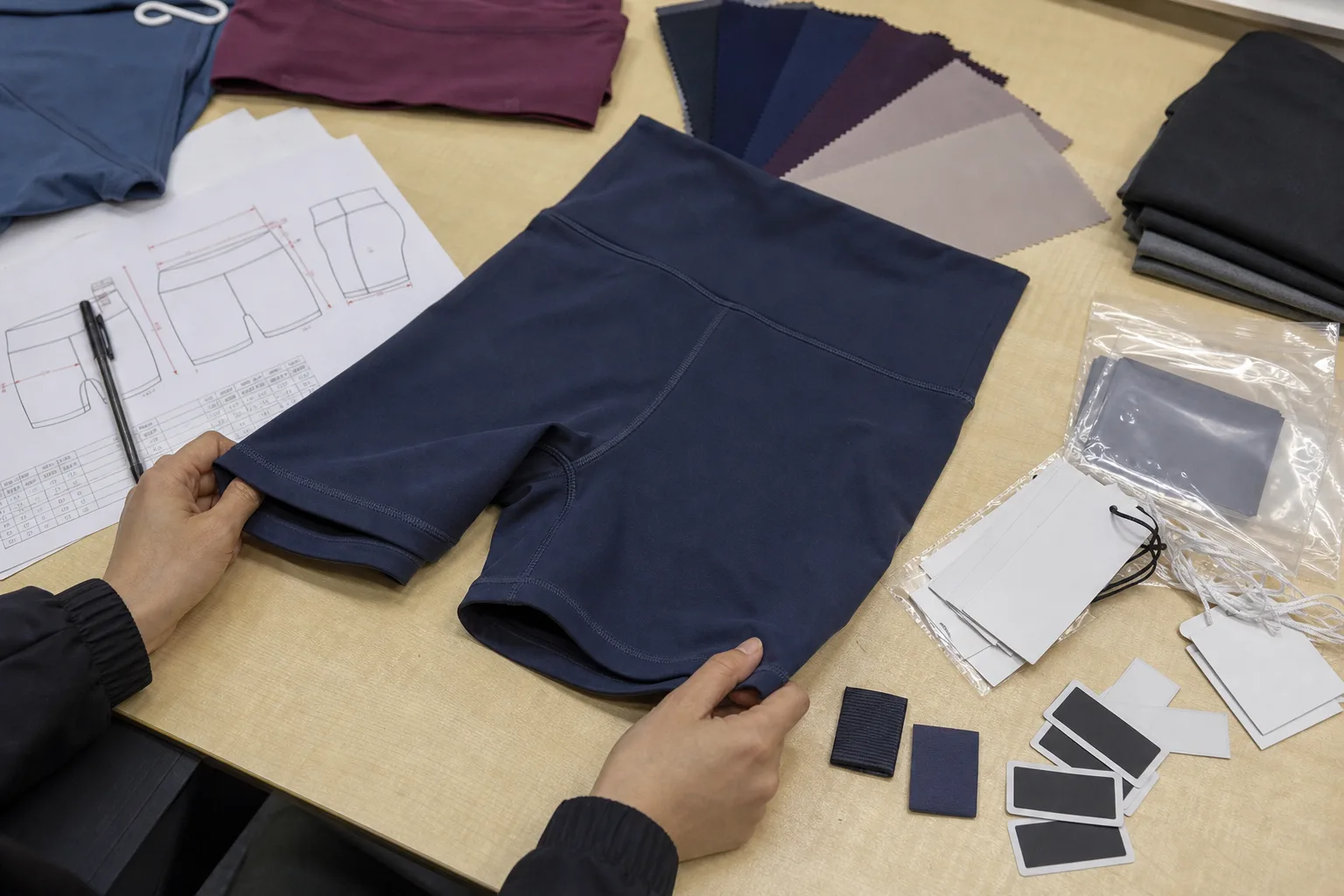 Yoga shorts sample review workspace with measurements and fabric references