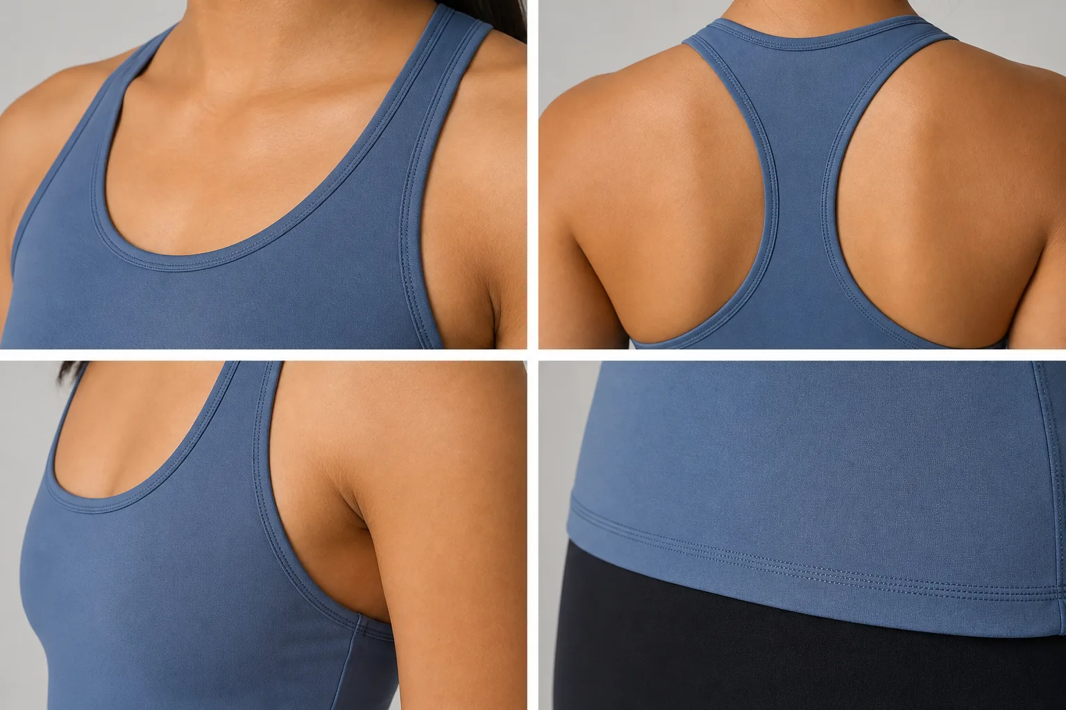Yoga tank top construction details for neckline, armhole, and hem