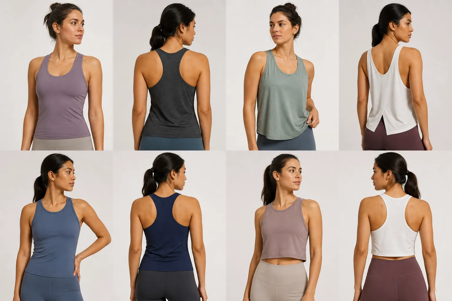 Four yoga tank tops in fitted, racerback, relaxed, and cropped styles