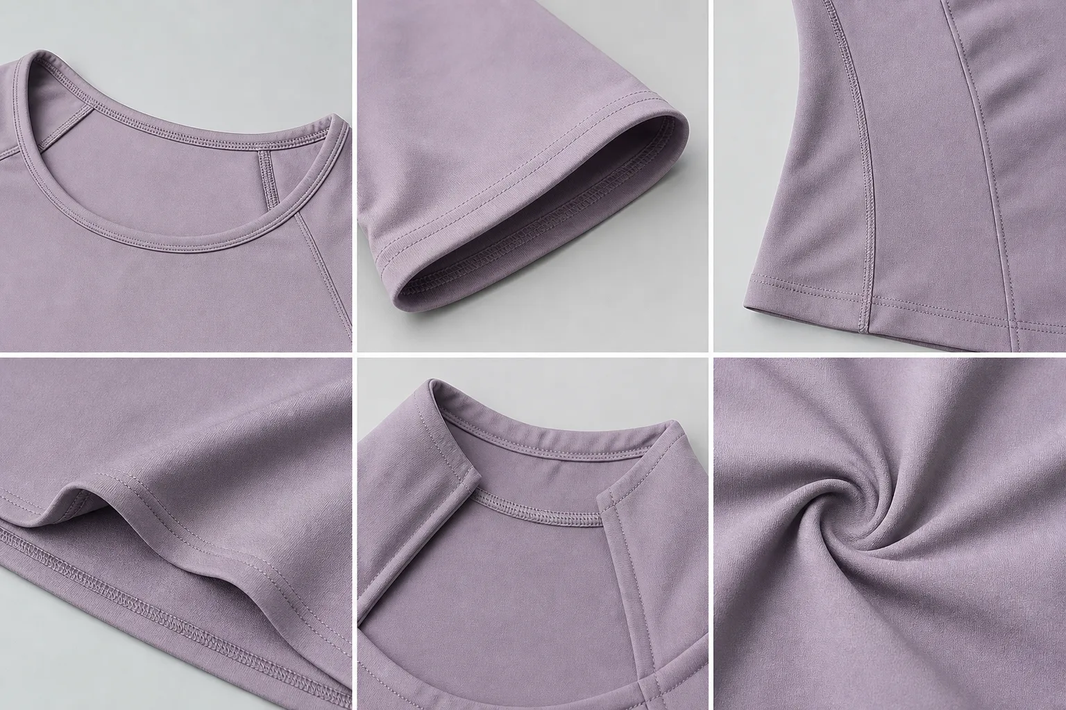 Construction details on yoga tops including neckline, sleeve, hem, and seams