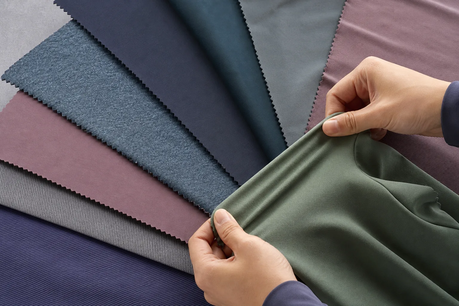 Yoga top fabric swatches showing texture, stretch, and weight differences
