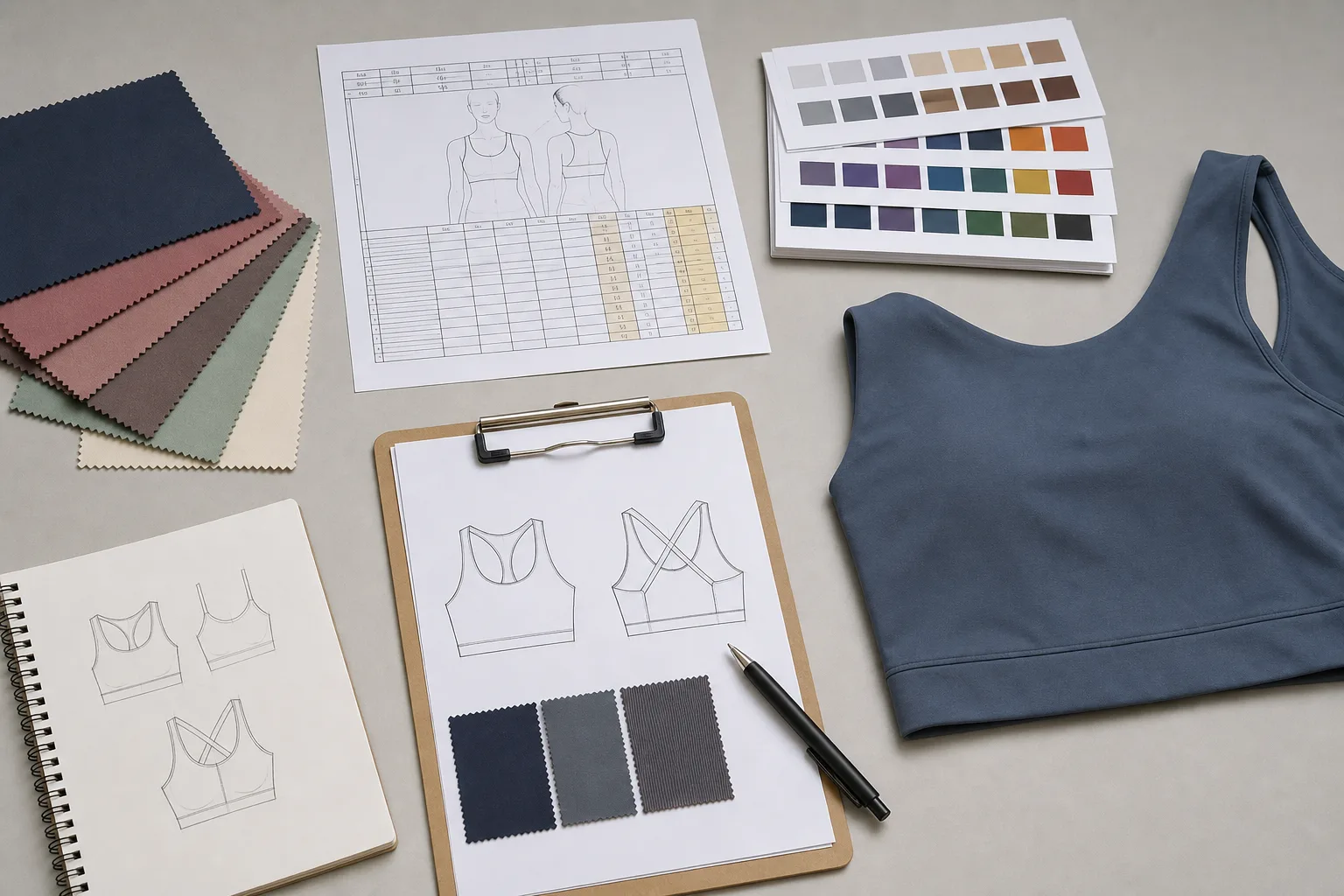 Yoga top sample development workspace with measurements and fabric swatches